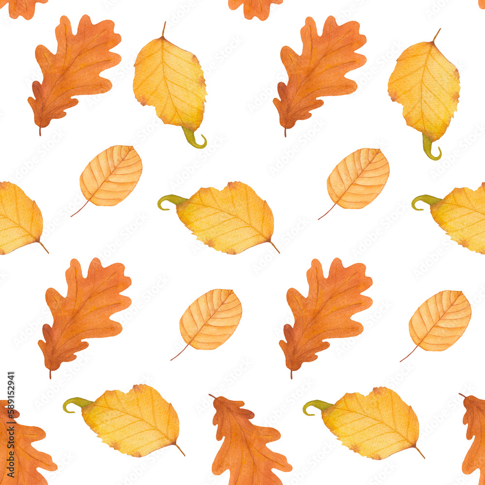 Watercolor Autumn Fall Seamless Pattern. Leaf Pattern. Botanical illustration. October print. Design for tile, backgrounds, fabric, textile, wrapping papper. Autumn leafs. Nature print.