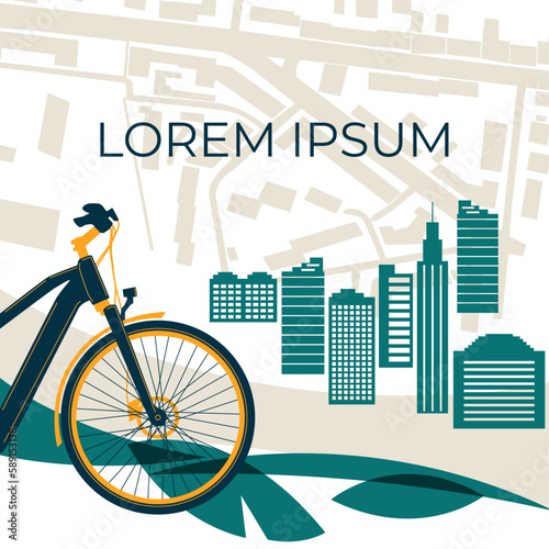 Bicycle in the background of the city. Flat vector illustration. Banner for world cyclist day, eco transport, bike rental