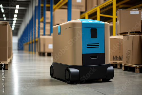 Generative AI illustration of Automatic Guided Vehicle amidst shelves with cardboard boxes in contemporary distribution warehouse photo