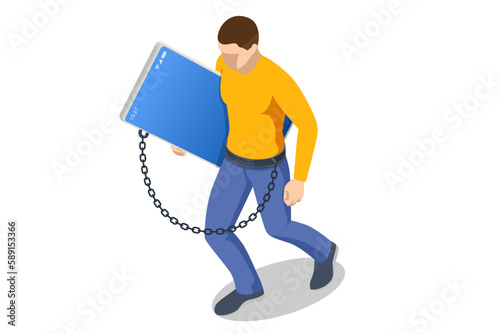 Isometric Social Media Addiction, Influence, Popularity, Modern Lifestyle, and Ad Concept. Men with smartphone devices. A depressed and sad man chained and shackled to a big mobile smartphone.