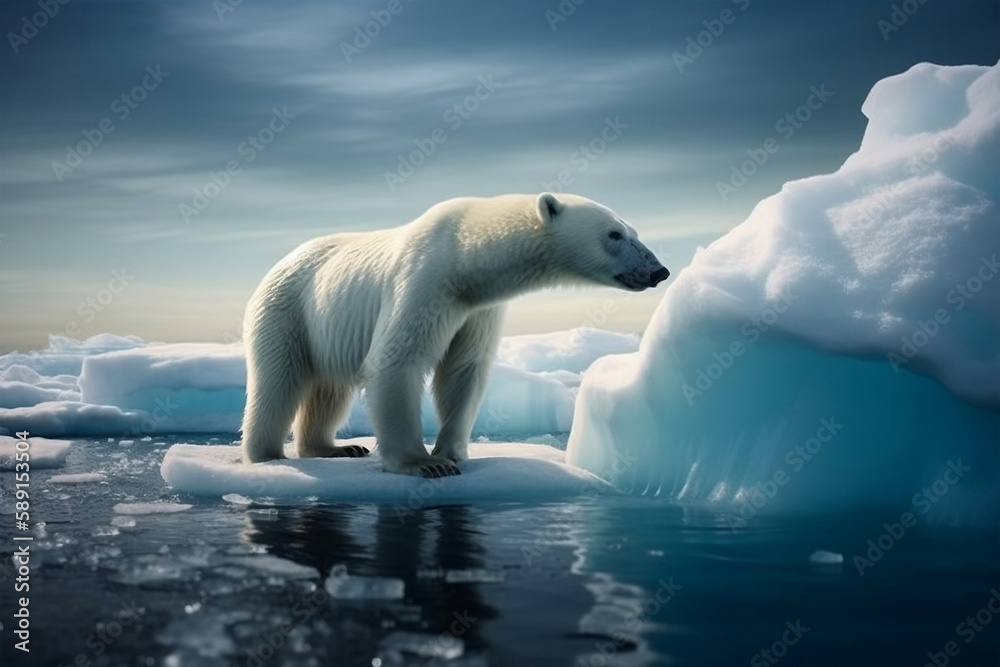A polar bear sits on an iceberg in arctic waters, generative ai