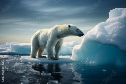 A polar bear sits on an iceberg in arctic waters, generative ai © jambulart