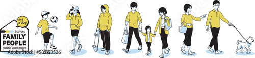 Family people scene. People of all ages and a dog. Vector Illustration.