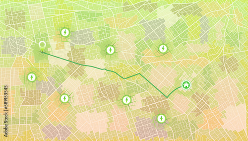 Location tracks dashboard. Path turns and destination tag or mark. Huge city top view. Tracking path and route planning from home to office. Determining location on the plan of abstract city.