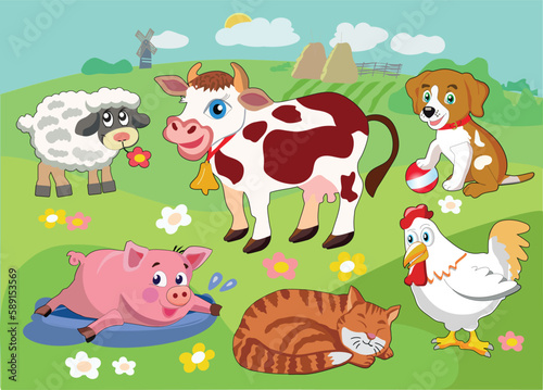 Domestic animals on the farm in cartoon style. Vector illustration © Firefly
