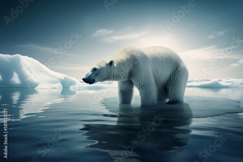 Polar bear on ice floe from melting iceberg. Generative AI