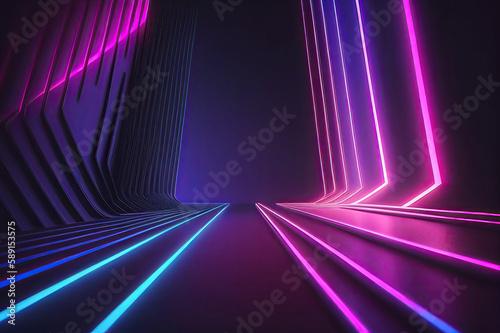 Generative AI illustration of abstract background of futuristic corridor with purple and blue neon lights photo