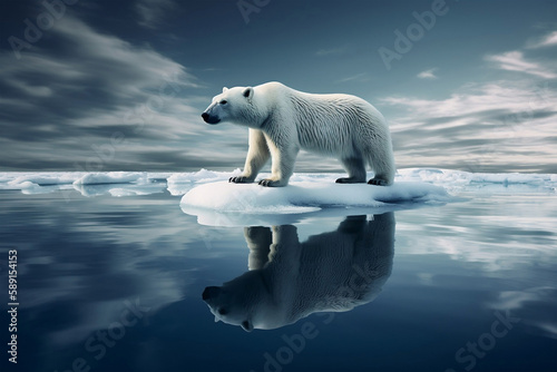 Polar bear on ice floe. Melting iceberg and global warming  generative ai