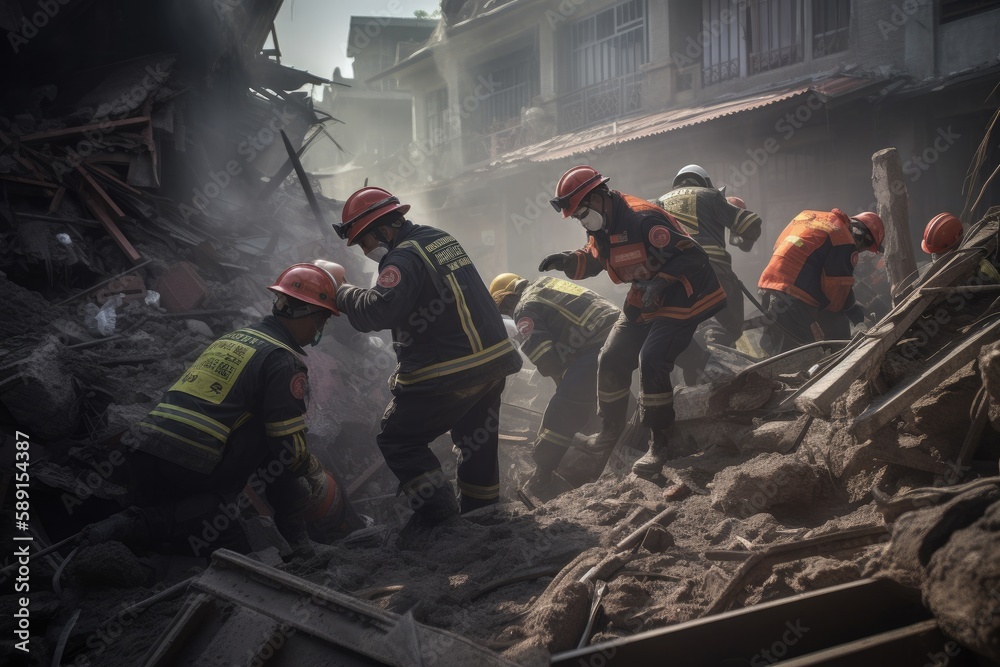 Firefighters Rescue Survivors from Rubble.Courageous firefighters work tirelessly to save lives after an earthquake. Generative AI Firefighters Rescue Survivors from Rubble.Courageous firefighters work tirelessly to save lives after an earthquake. Generative AI