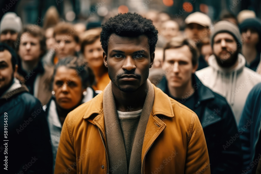 Generative AI illustration of calm ethnic male in stylish outfit looking at camera against crowd of people on street during performance Generative AI illustration of calm ethnic male in stylish outfit looking at camera against crowd of people on street during performance
