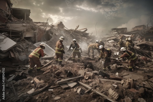 Firefighters Rescue Survivors from Rubble.Courageous firefighters work tirelessly to save lives after an earthquake. Generative AI