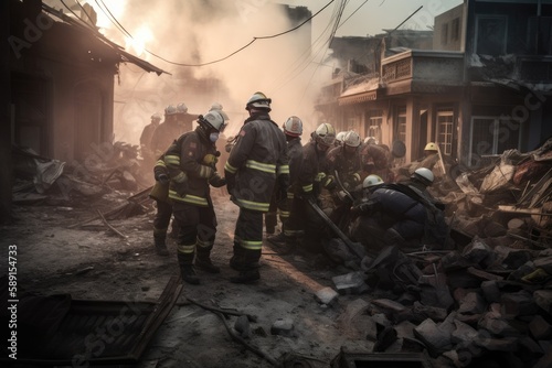 Firefighters Rescue Survivors from Rubble.Courageous firefighters work tirelessly to save lives after an earthquake. Generative AI