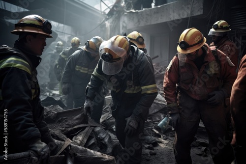 Firefighters Rescue Survivors from Rubble.Courageous firefighters work tirelessly to save lives after an earthquake. Generative AI