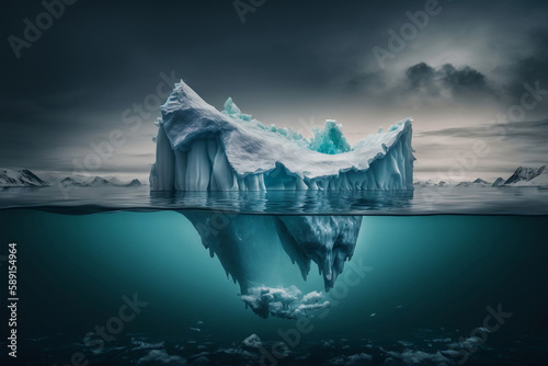 Iceberg with its visible and underwater or submerged parts floating in the ocean, generative ai