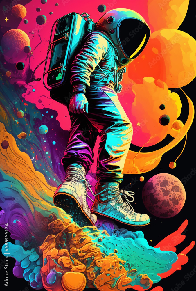 Astronaut in colorful abstract space, decorative art background. Generative Ai