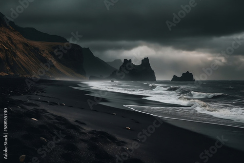black sand beach, generative ai photo