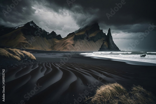 black sand beach, generative ai