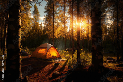 Generative AI illustration of camping tent placed in evergreen forest with coniferous trees in sunset time in nature photo