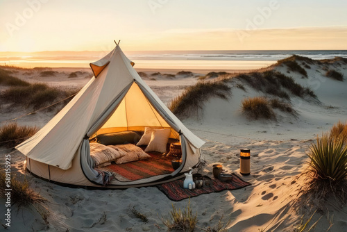 Generative AI illustration of opened camping tent with cushions and blanket placed on sandy terrain near dry grass against sunset sky photo