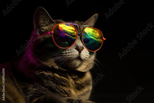 Cat wearing colorful sunglasses on black background. Pet. illustration, generative AI.