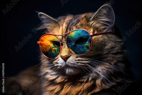 Cat wearing colorful sunglasses on black background. Pet. illustration, generative AI. © yod67