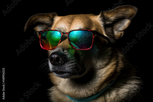 Dog wearing colorful sunglasses on black background. Pet. illustration, generative AI. © yod67