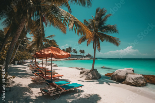 Beach chairs, umbrella and palms on the beach, generative ai © jambulart