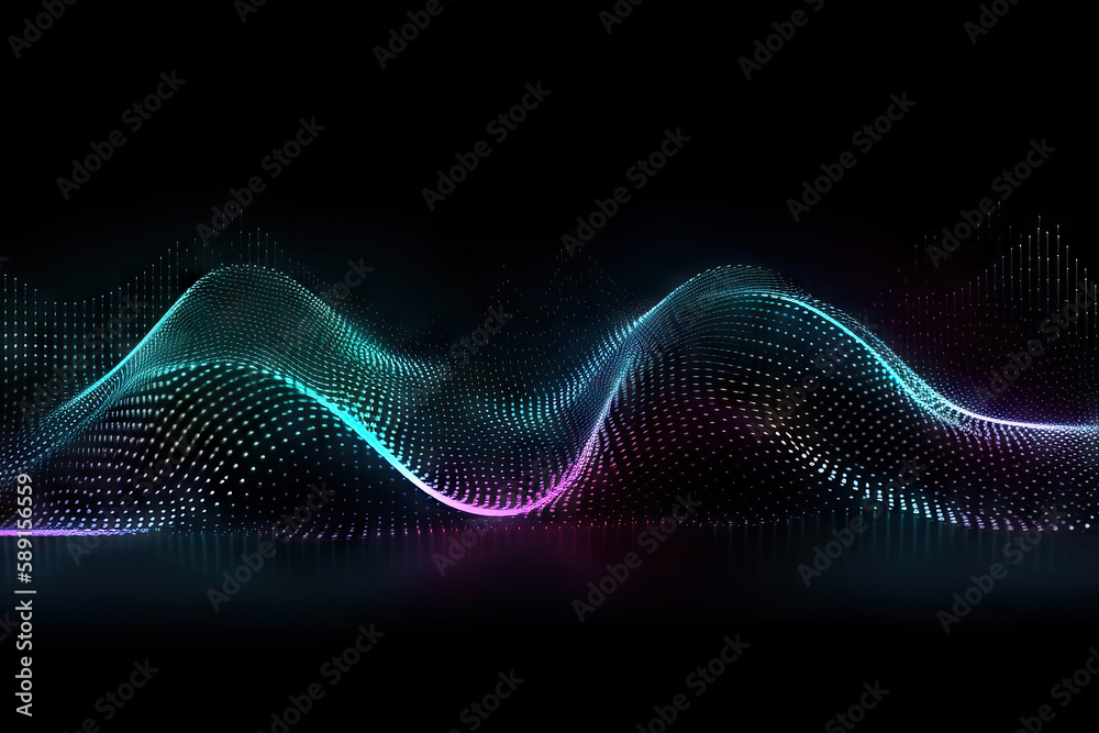 Generative AI image of abstract illustration of pink blue frequency signal waves as particles passing in medium against dark background Generative AI image of abstract illustration of pink blue frequency signal waves as particles passing in medium against dark background