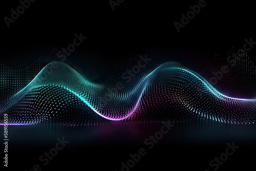 Generative AI image of abstract illustration of pink blue frequency signal waves as particles passing in medium against dark background photo