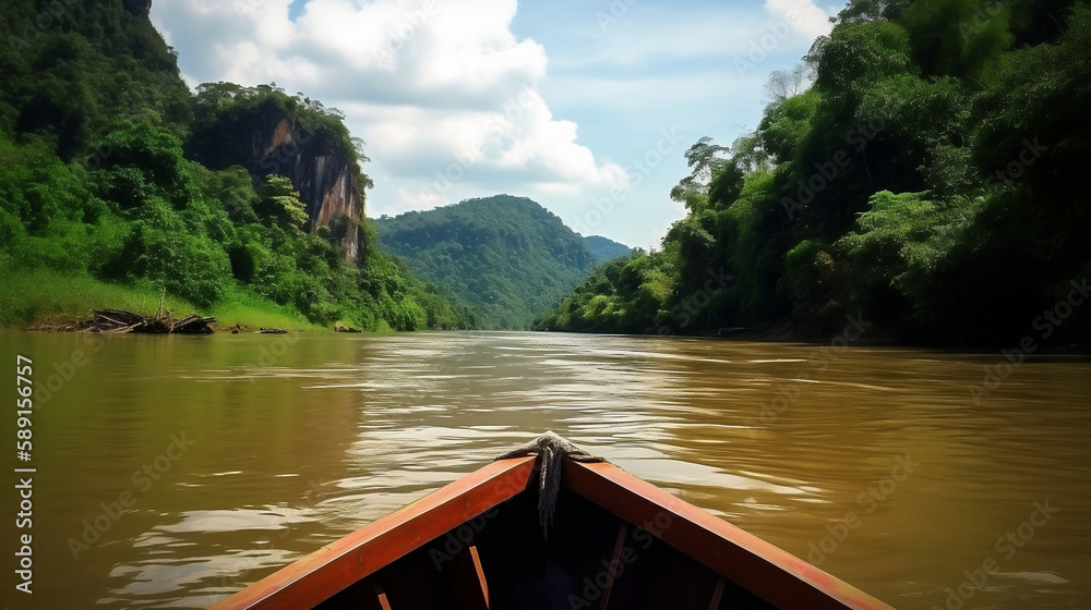 relaxing, boat ride, Nan river, thailand, beautiful scenery. Generative AI.