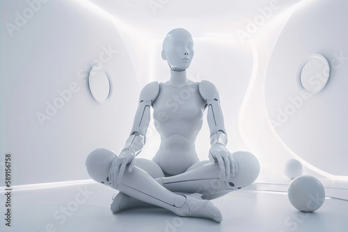 Generative AI illustration of white colored android without eyes sitting with crossed legs on floor in light room with neon illumination photo