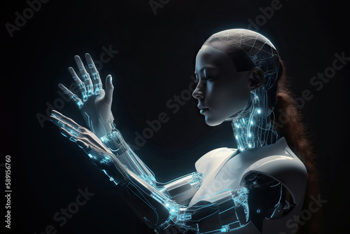 AI generated illustration of side view female cyborg illuminated with neon lights raising arms against black background photo
