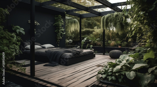 A modern scandinavian garden in black with hearb beds. Generative AI. photo