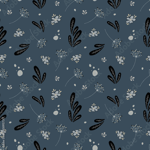 Seamless floral pattern. Monochrome pattern with dandelion leaves and flowers.