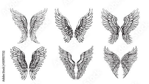 Set of wings sketch hand drawn in doodle style illustration