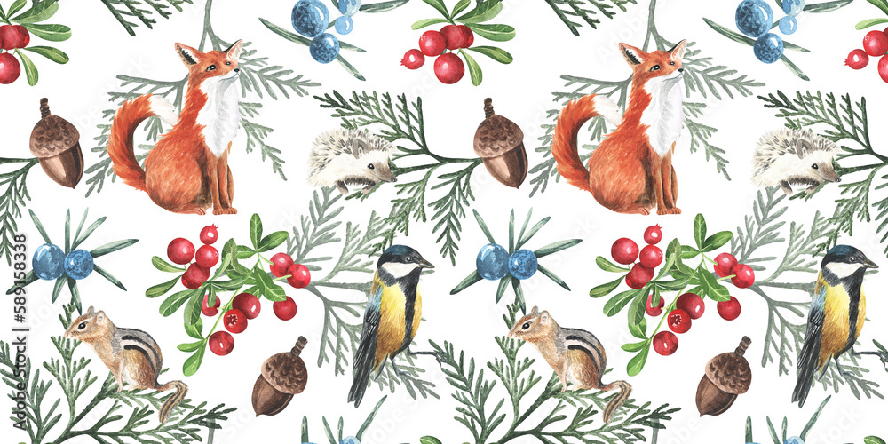 Watercolor seamless pattern with forest animals and natural elements ...