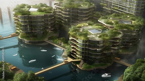Discover a Sustainable Paradise: A Floating Eco-Village with Vertical Gardens, Eco-Friendly Flying Vehicles & Breathtaking Aerial Views, Generative AI © Georgy