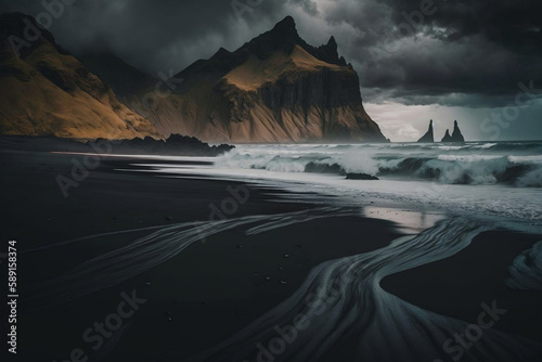 landscape black beach  generative ai