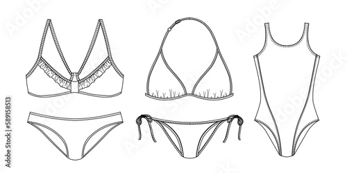 Girls and women sustainable swimwear, technical drawing, template, sketch, flat, mock up. Recycled PA, Recycled PES, Lycra fabric swimwear front view, white color