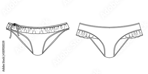 Girls and women sustainable swimwear, technical drawing, template, sketch, flat, mock up. Recycled PA, Recycled PES, Lycra fabric swimwear front view, white color