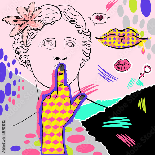 Vector abstract illustration. Trippy background in collage technique. Illustration of Greek statue of Venus de Milo in creative psychedelic style. Fashion art.