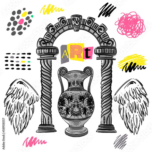 Vector abstract set with greek arch, vase and wings. Art collage. hand drawing