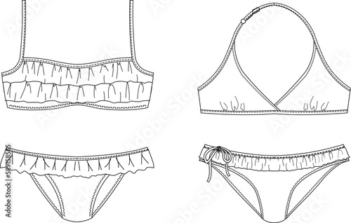 Girls and women sustainable swimwear, technical drawing, template, sketch, flat, mock up. Recycled PA, Recycled PES, Lycra fabric swimwear front view, white color