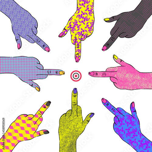 Vector illustration of colorful hands. Fuck you. Psychedelic set for your design. Strike, protest. target