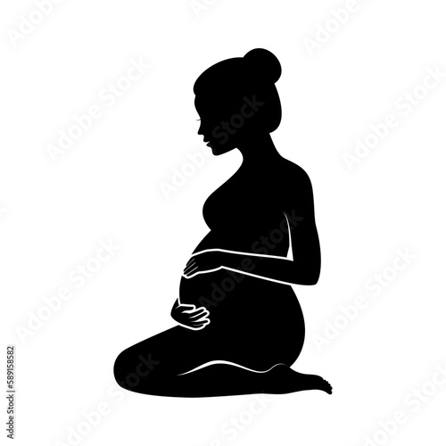 Pregnant kneeling woman black silhouette icon vector. Beautiful pregnant woman profile view graphic design element isolated on a white background. Young expectant mother holding her belly vector