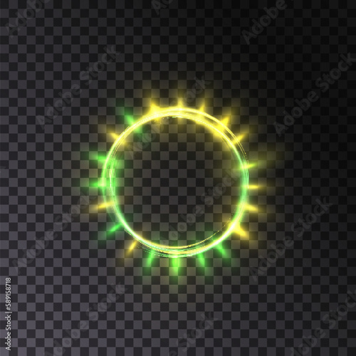 Abstract neon green ring. A bright plume of luminous rays swirling in a fast spiraling motion. Light golden swirl. Curve gold line light effect. Vector
