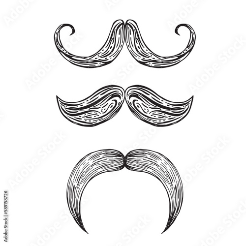 Hand drawn sketch doodle vector moustache set, photo booth props.