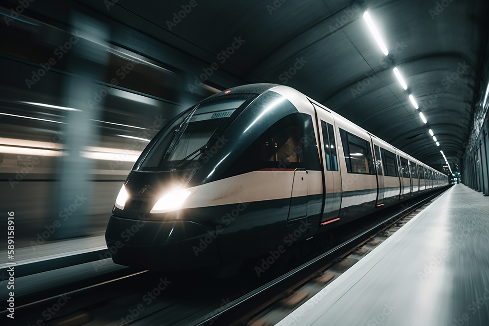 High speed train moving fast. Smart technologies are the future. Innovation concept. Generative AI. High speed train moving fast. Smart technologies are the future. Innovation concept. Generative AI.