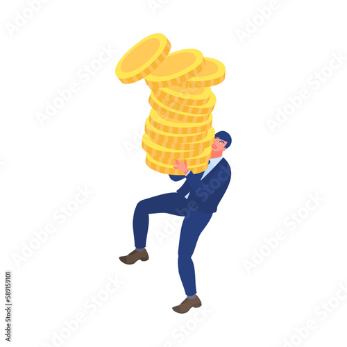 沢山のお金（コイン）を落としてしまいそうなビジネスマン。フラットなベクターイラスト。
A businessman who looks like he's about to drop a lot of money (coins). Flat designed vector illustration.