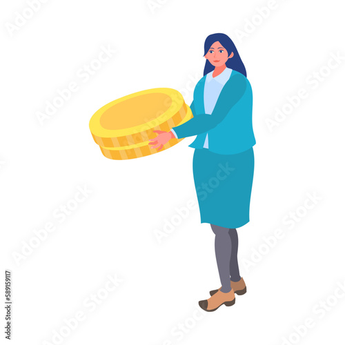 お金（コイン）を持つビジネスウーマン。フラットなベクターイラスト。
A businesswoman holding money (coins). Flat designed vector illustration.